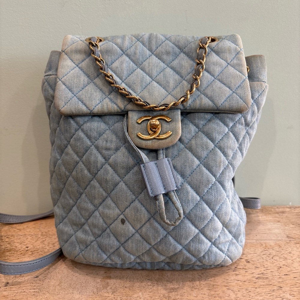 Chanel Backpack Bag Matelasse Blue Denim